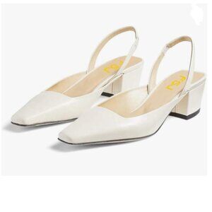 FSJ White Retro Square Toe Slingback Sandals Comfortable Low Block Heel Pump